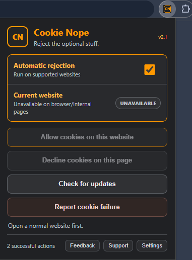 Cookie Nope v2 browser popup on Google showing rejection active, per-site controls, failure reporting, feedback and settings