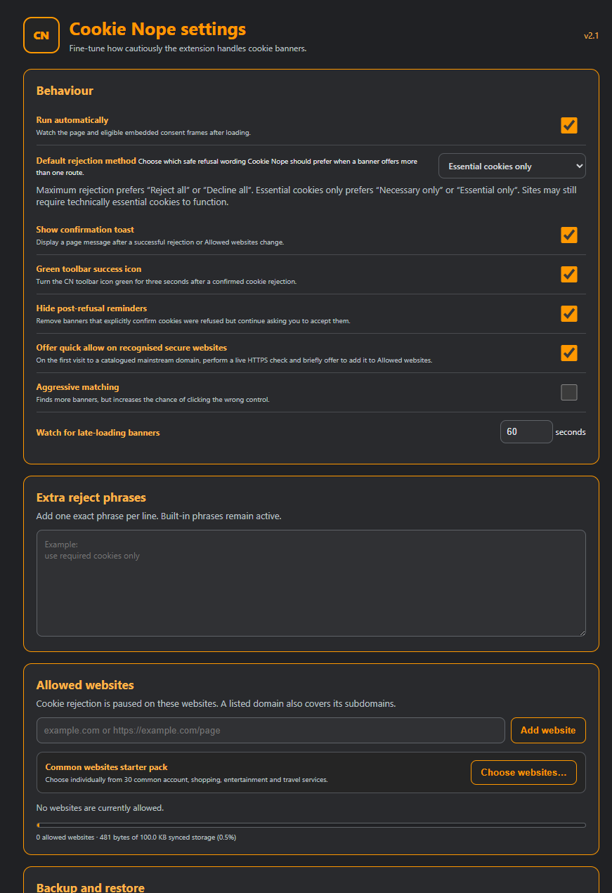 Cookie Nope v2 settings page showing behaviour controls, rejection method, success icon, late-banner monitoring, custom reject phrases and Allowed websites