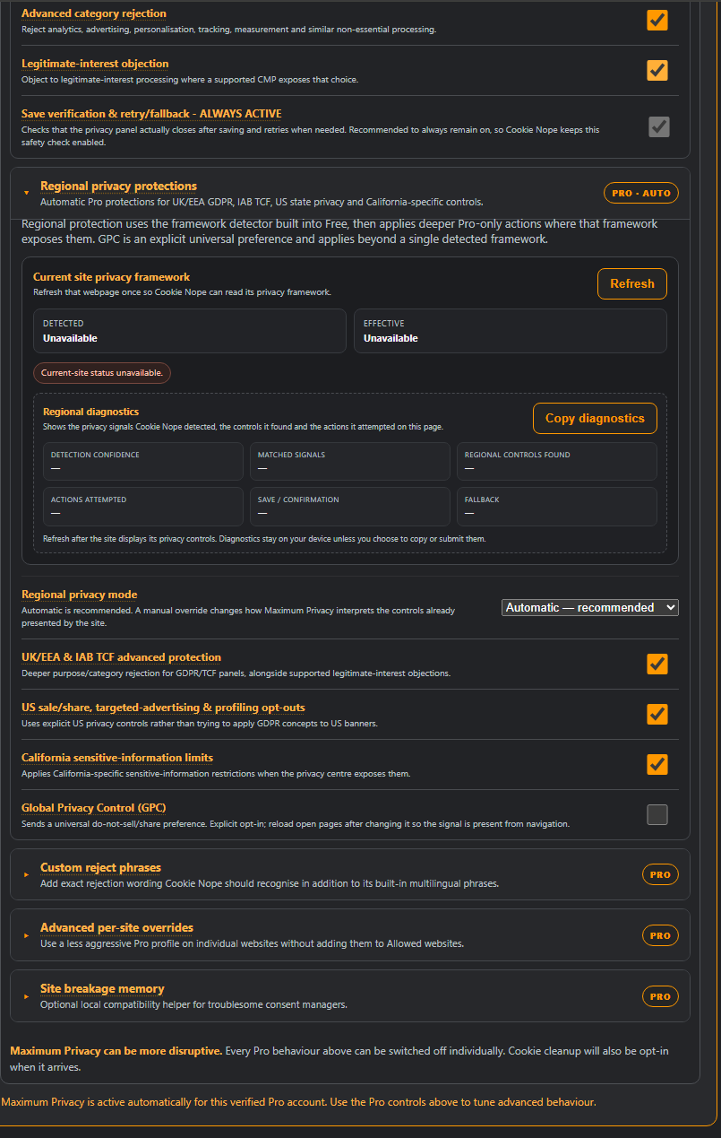 Cookie Nope Maximum Privacy settings preview