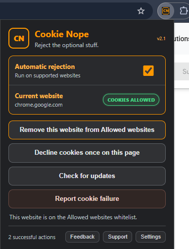 Cookie Nope v2 browser popup showing a website on the Allowed websites whitelist with cookies allowed