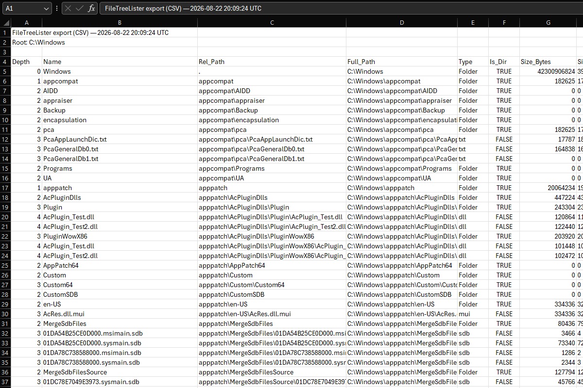 FileTreeLister CSV export opened in Excel showing depth, name, relative path, full path, type, directory flag and size columns