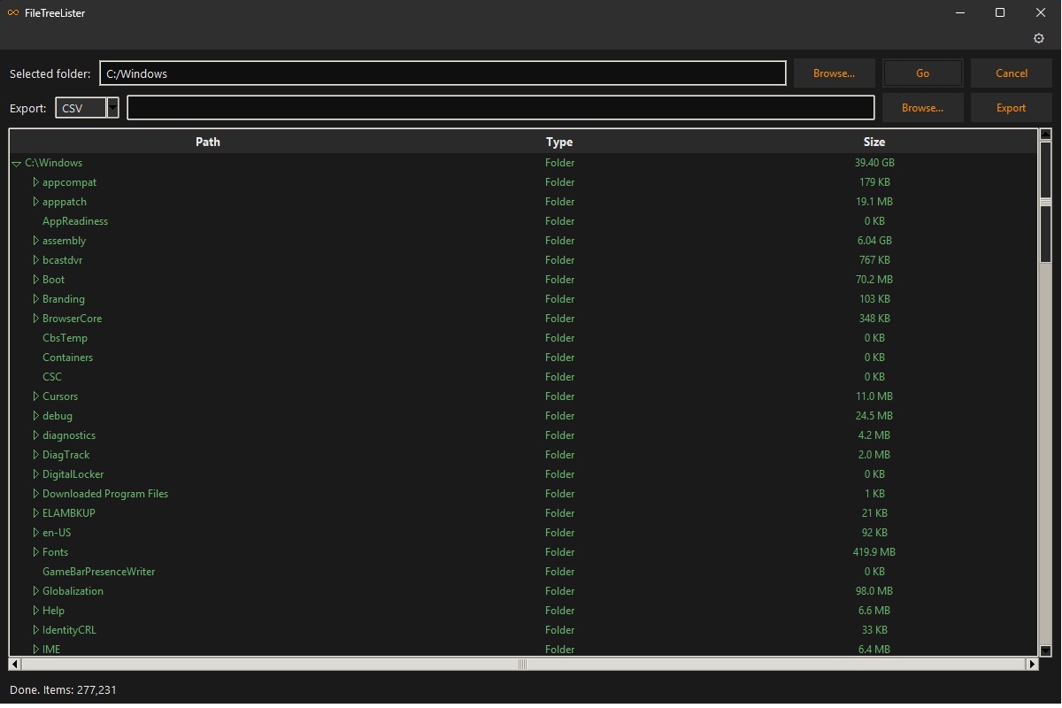 FileTreeLister scanning C Windows with an expandable folder tree and Path, Type and Size columns